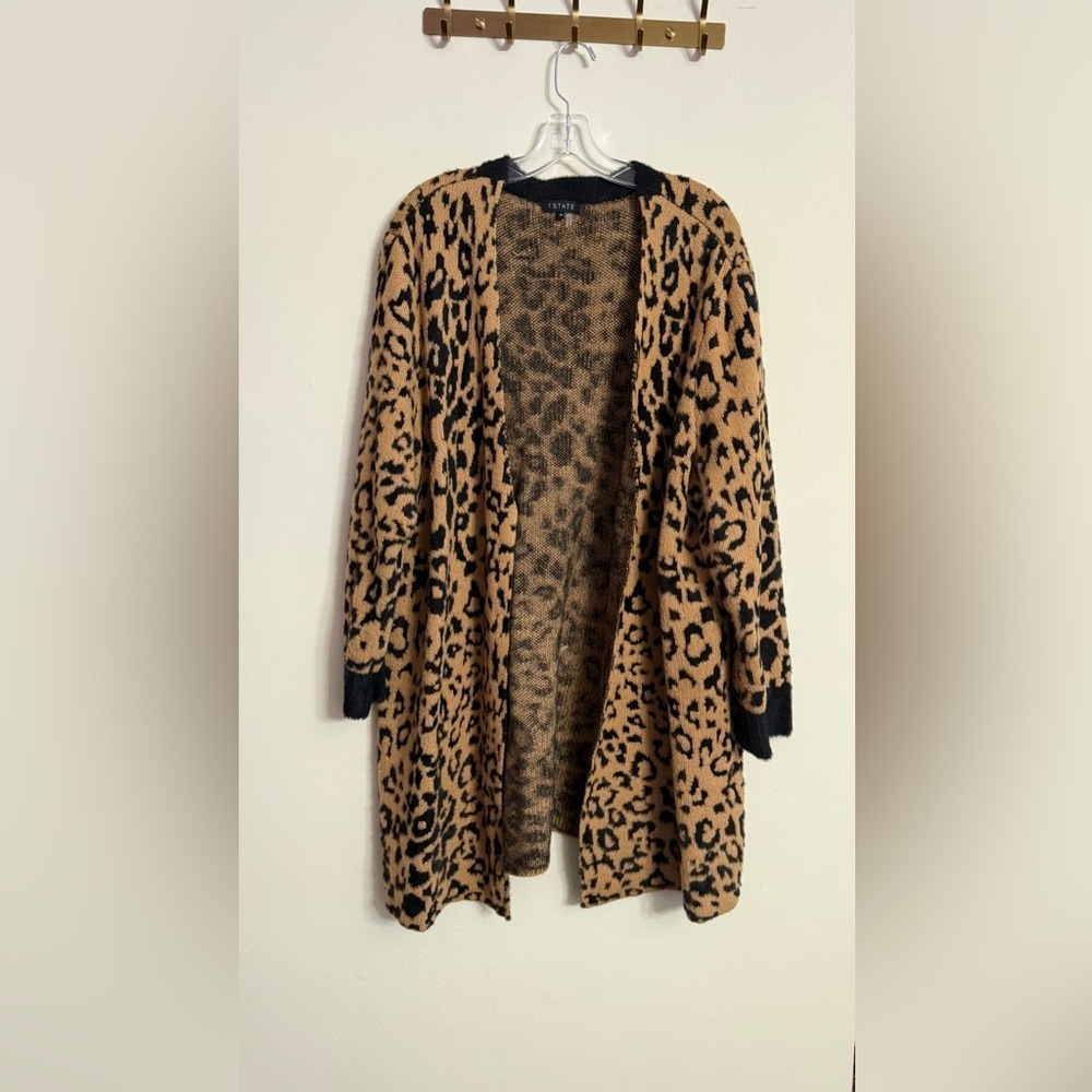 1.STATE Animal-Print Tan Black Cheetah Cardigan Sweater Plus Sz 3X - Picture 1 of 4